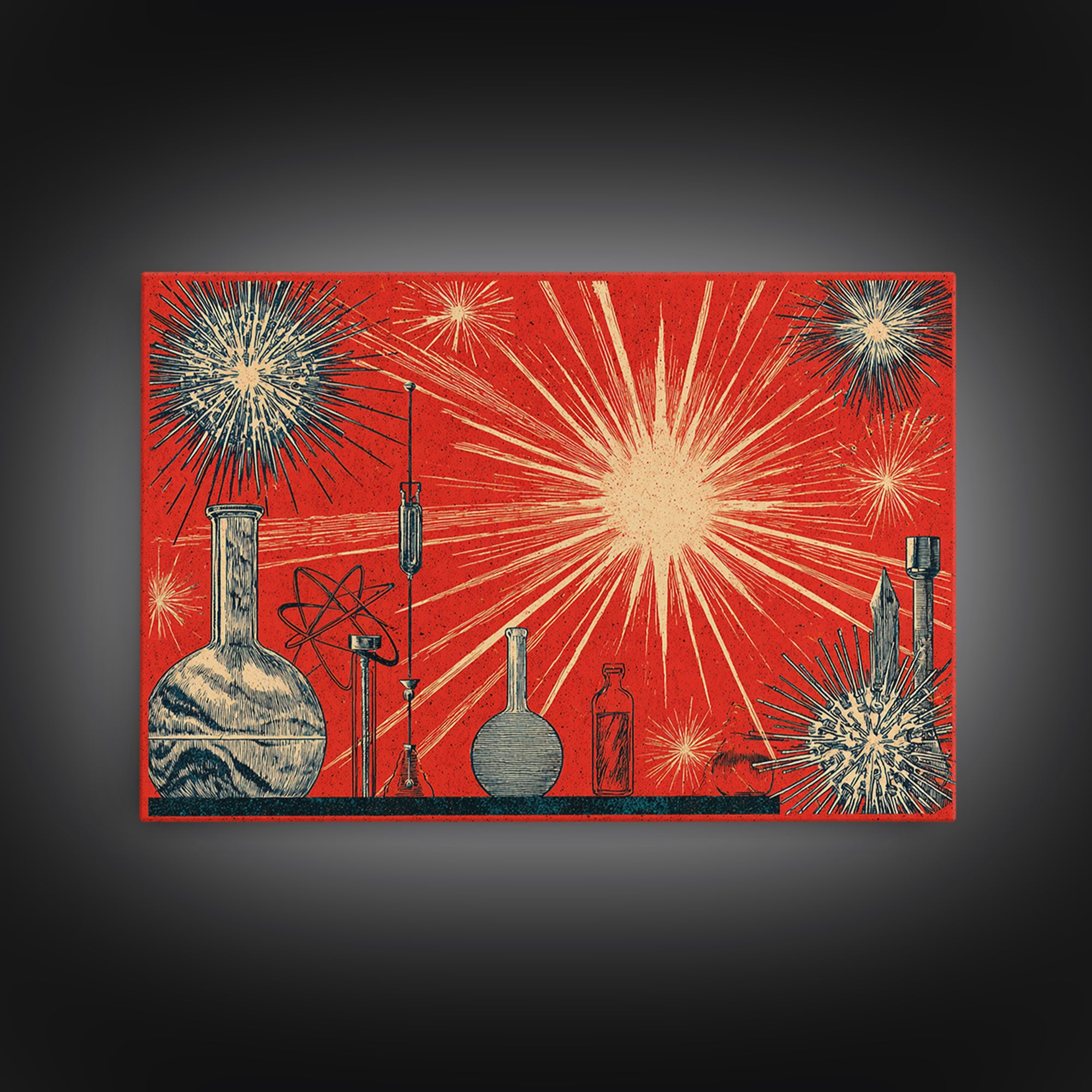 Atomic Science Lab Starburst Canvas Print, Midcentury Modern Art, Retro Wall Art, 1950s Design, Red Office Decor Poster Print