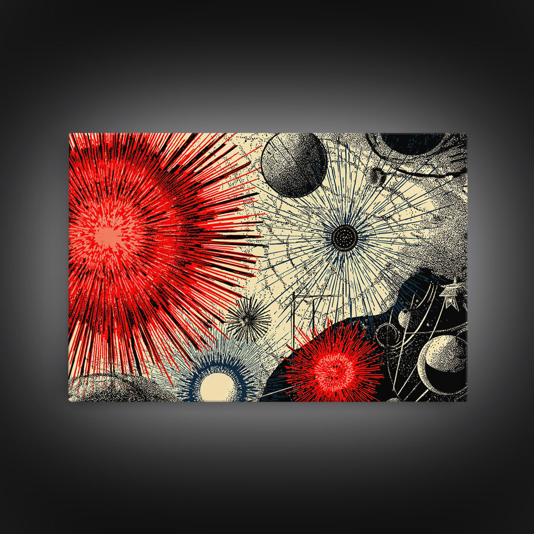 Red Black Cosmic Starburst Wall Art, Retro Space Abstract Art, Midcentury Modern Poster, Atomic Art Print, MCM Room Decor