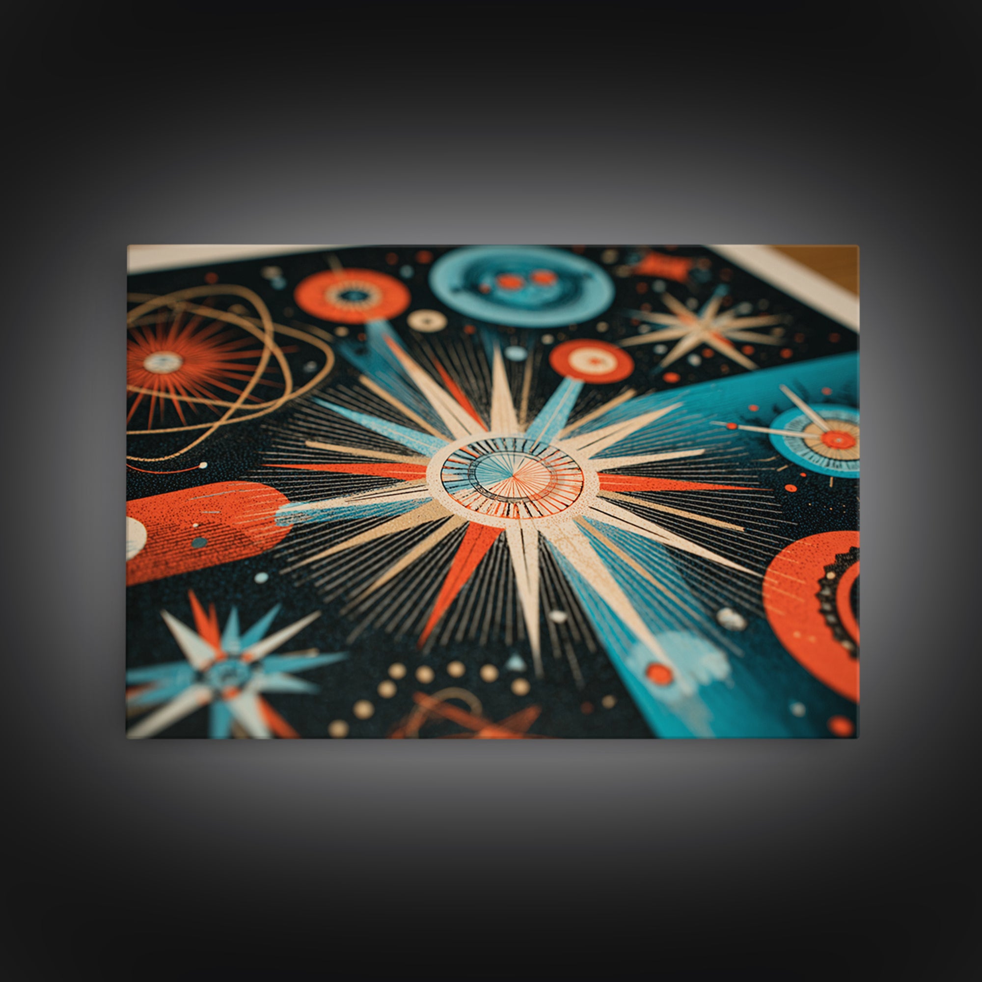 Teal Orange Atomic Starburst Framed Canvas Print, Midcentury Modern Wall Art, Retro Art Print, Space Age MCM Home Decor Poster