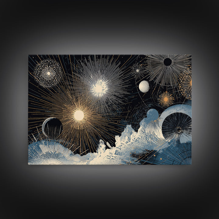 Night Sky Fireworks Over Ocean Waves Canvas Print, Celestial Wall Art, Modern Abstract Art, Blue Gold Living Room Decor Poster
