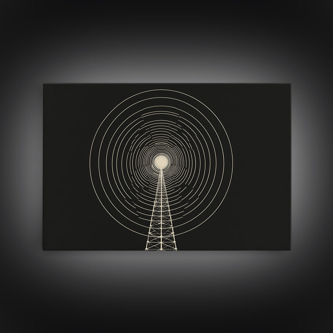 Radio Tower Concentric Signal Wall Art, Black And Cream Midcentury Modern Print, Minimalist Retro Science Office Decor Poster