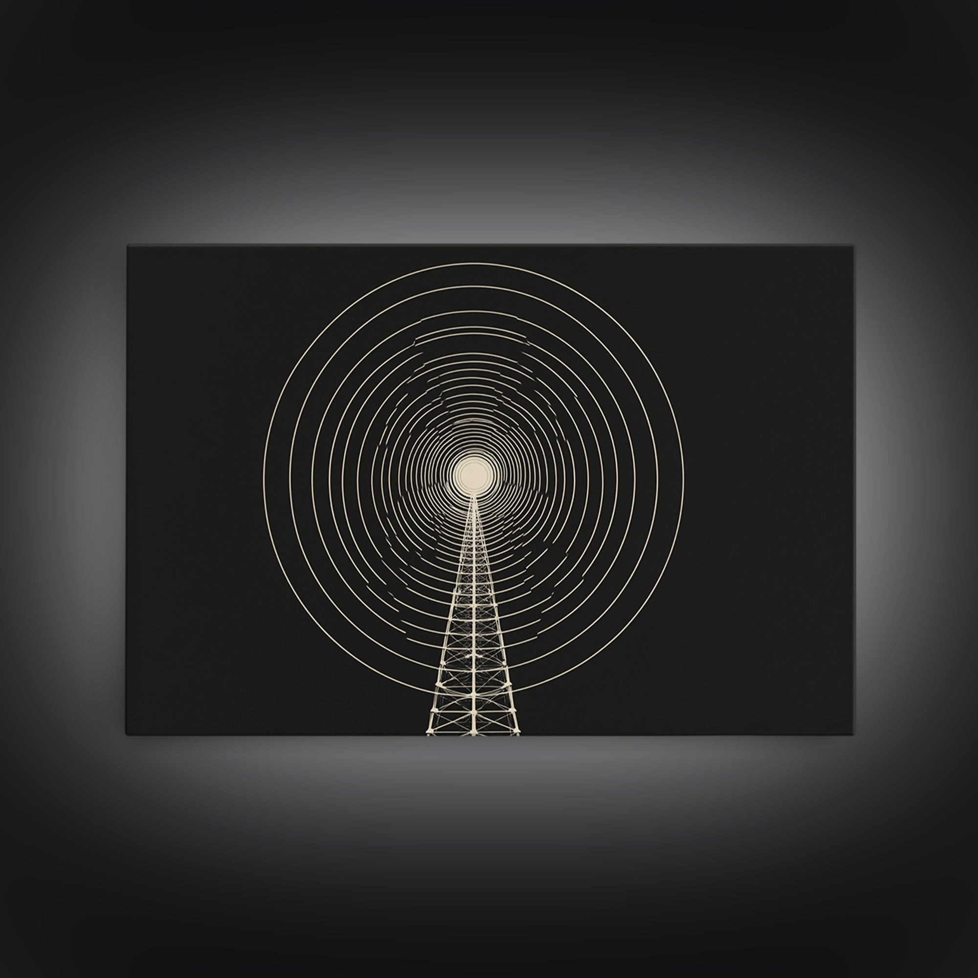 Radio Tower Concentric Signal Wall Art, Black And Cream Midcentury Modern Print, Minimalist Retro Science Office Decor Poster