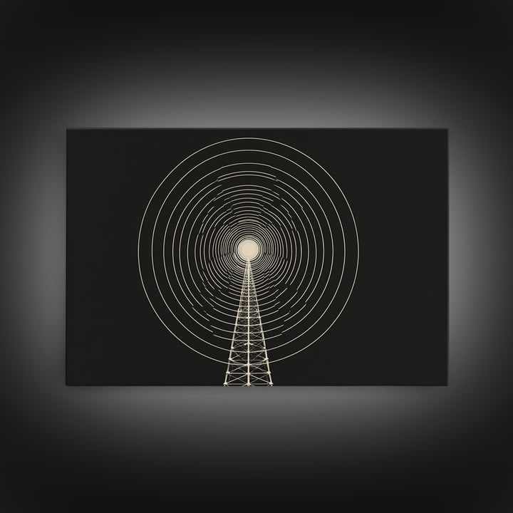 Radio Tower Concentric Signal Wall Art, Black And Cream Midcentury Modern Print, Minimalist Retro Science Office Decor Poster
