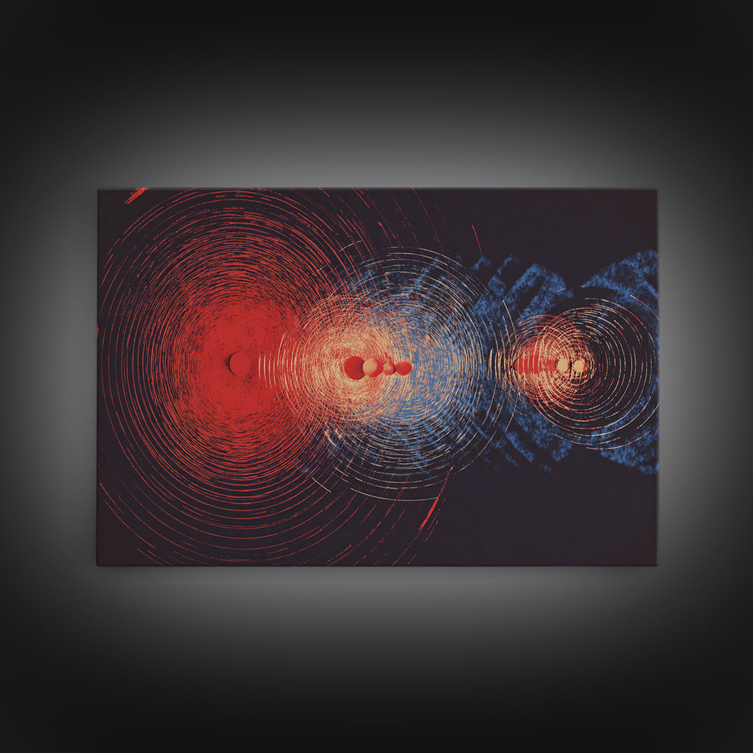 Red And Blue Cosmic Wave Canvas Print, Abstract Sci Fi Rings, Midcentury Modern Wall Art, Space Poster For Modern Home Decor