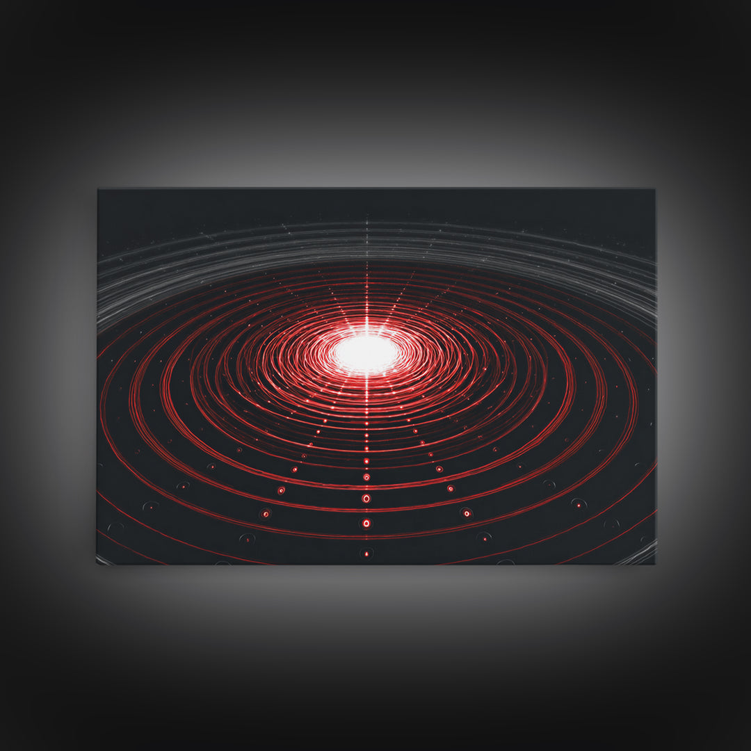 Glowing Red Orbit Disk Wall Art, Sci Fi Abstract Canvas Print, Futuristic Midcentury Modern Poster, Black Office Decor Print