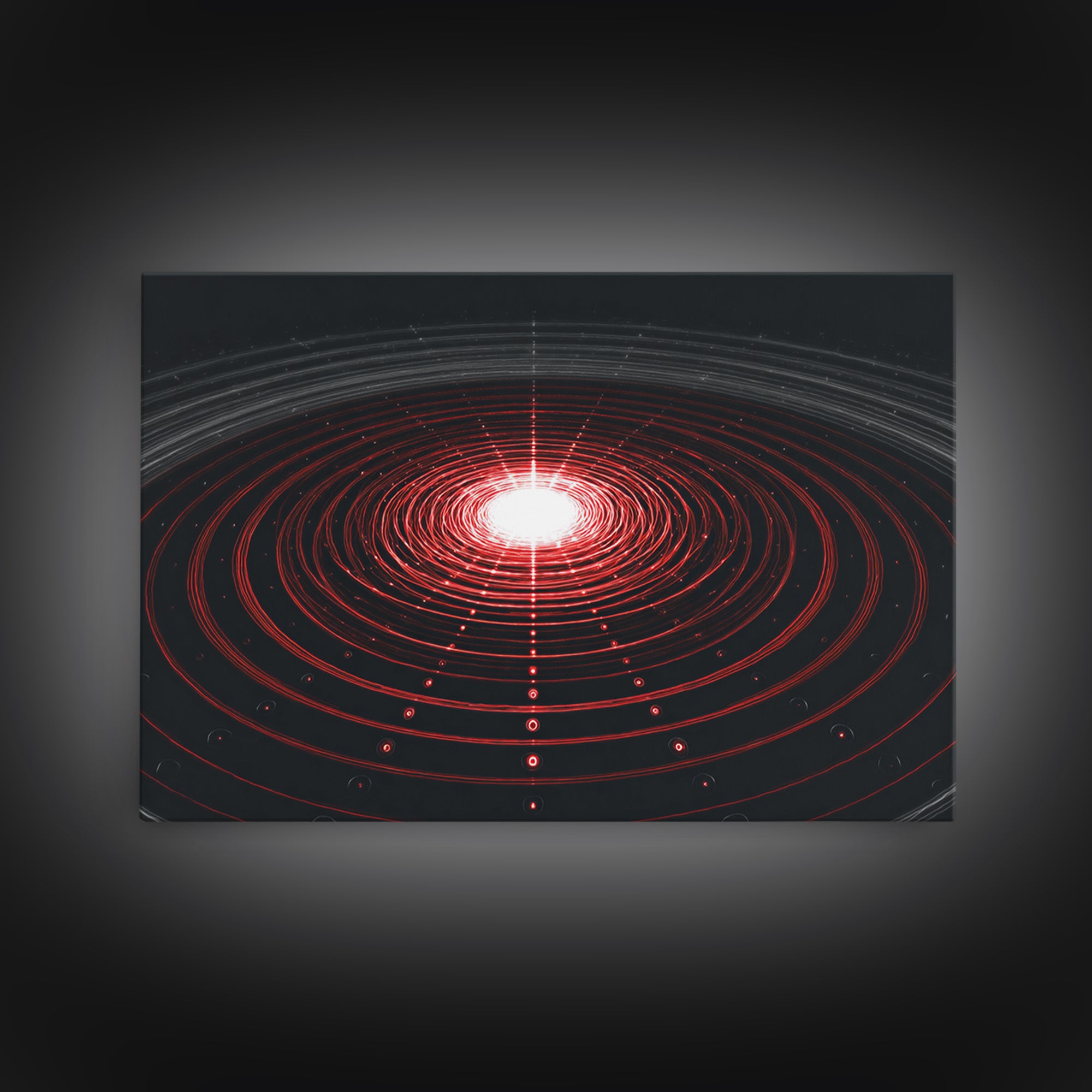 Glowing Red Orbit Disk Wall Art, Sci Fi Abstract Canvas Print, Futuristic Midcentury Modern Poster, Black Office Decor Print