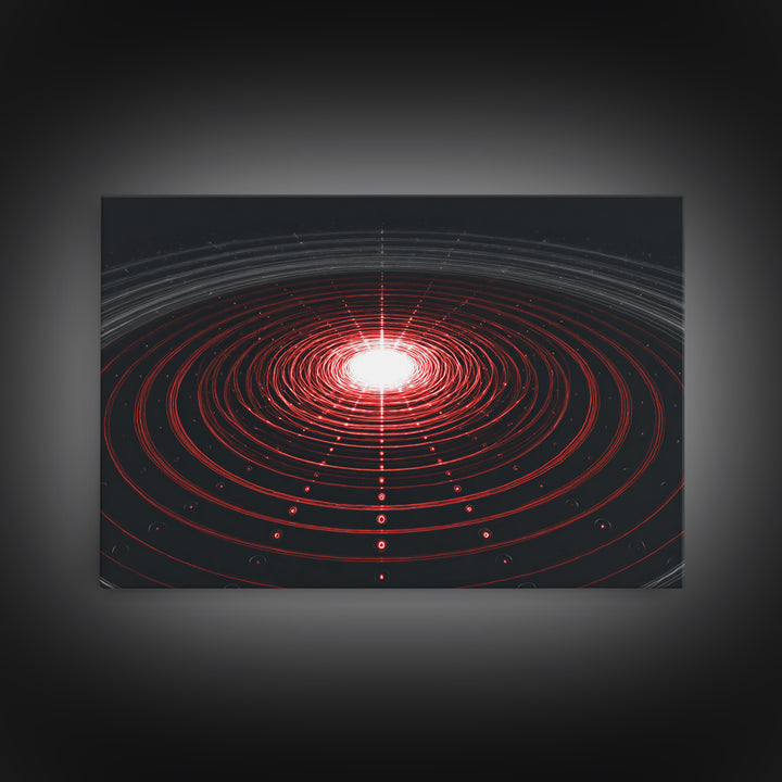 Glowing Red Orbit Disk Wall Art, Sci Fi Abstract Canvas Print, Futuristic Midcentury Modern Poster, Black Office Decor Print
