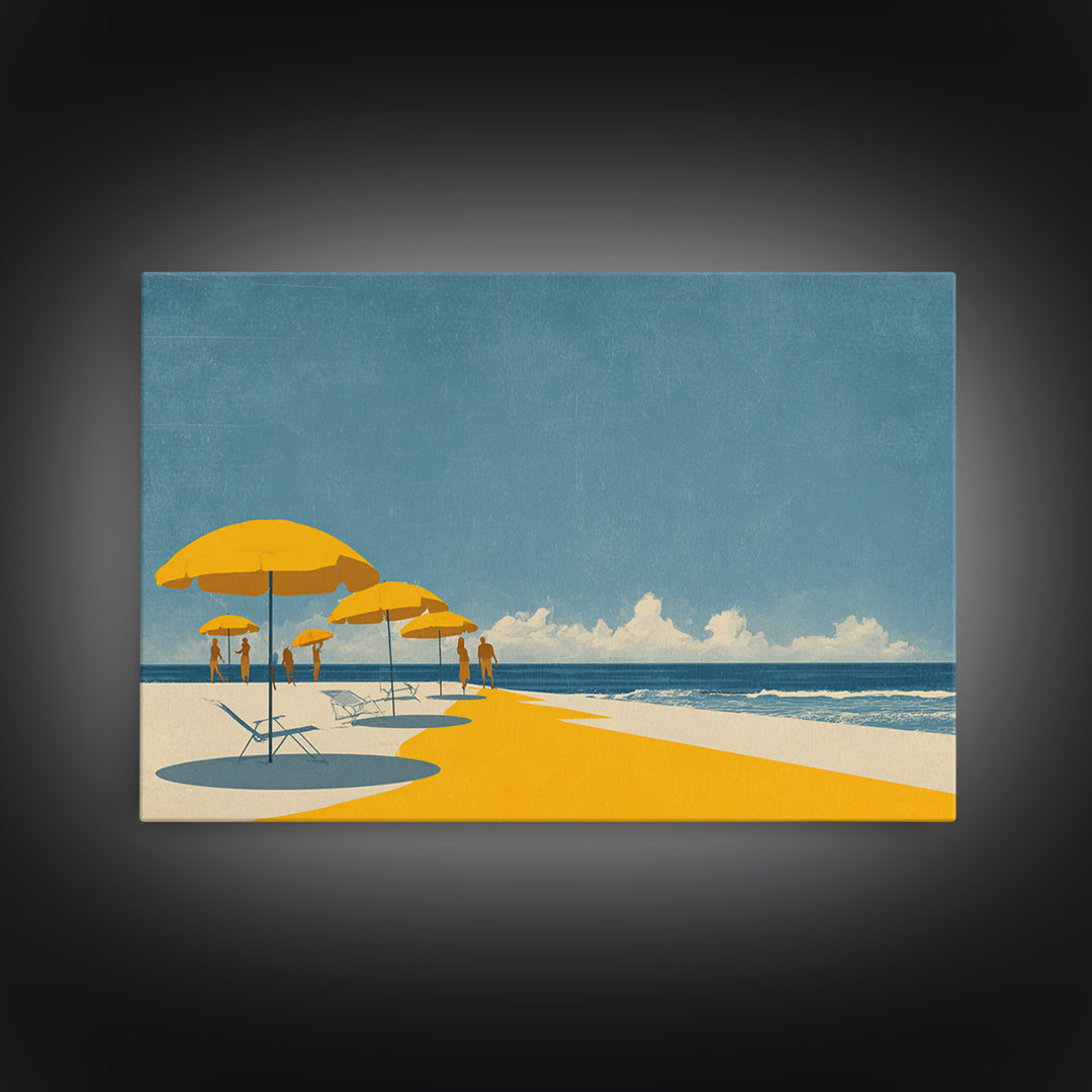 Yellow Beach Umbrellas And Blue Sea Wall Art, Retro Travel Canvas Print, Coastal Summer Poster, Bright Living Room Decor