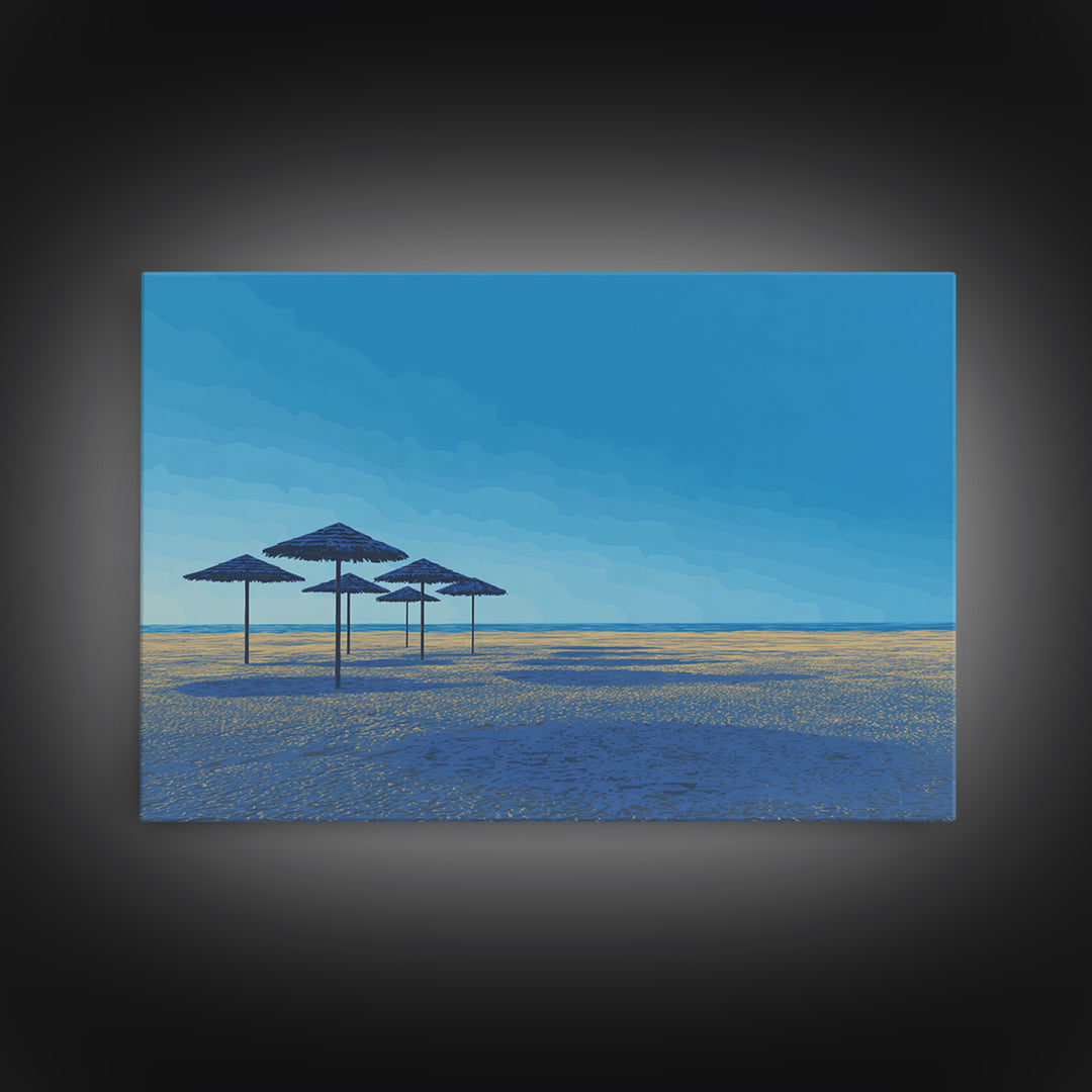 Blue Shoreline Umbrellas Wall Art, Minimal Coastal Canvas Print, Midcentury Modern Travel Poster, Calm Beach House Decor