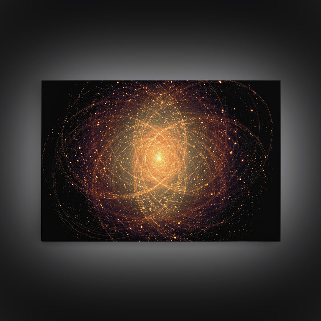 Golden Atomic Particle Orb Wall Art, Modern Abstract Art Print, Space Abstract Art, Midcentury Decor, Framed Canvas Print