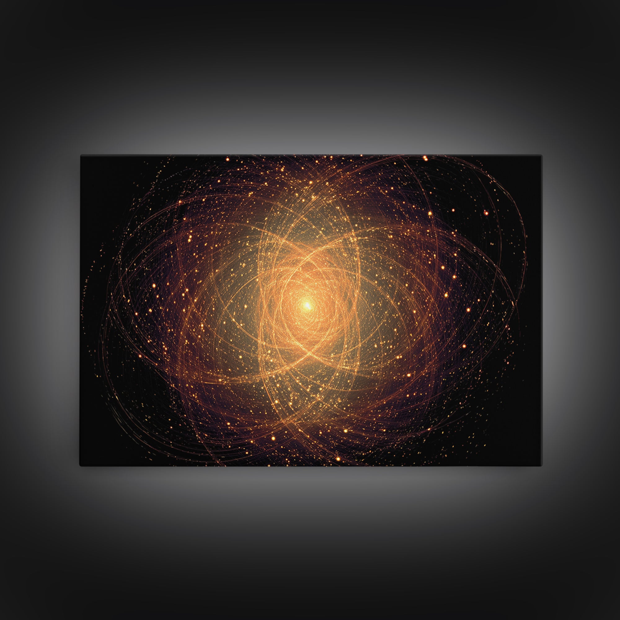 Golden Atomic Particle Orb Wall Art, Modern Abstract Art Print, Space Abstract Art, Midcentury Decor, Framed Canvas Print