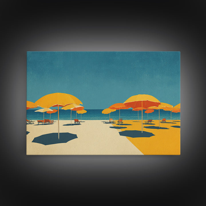 Sunny Yellow Beach Umbrellas Wall Art, Retro Coastal Canvas, Midcentury Modern Decor, Ocean Summer Print For Living Room