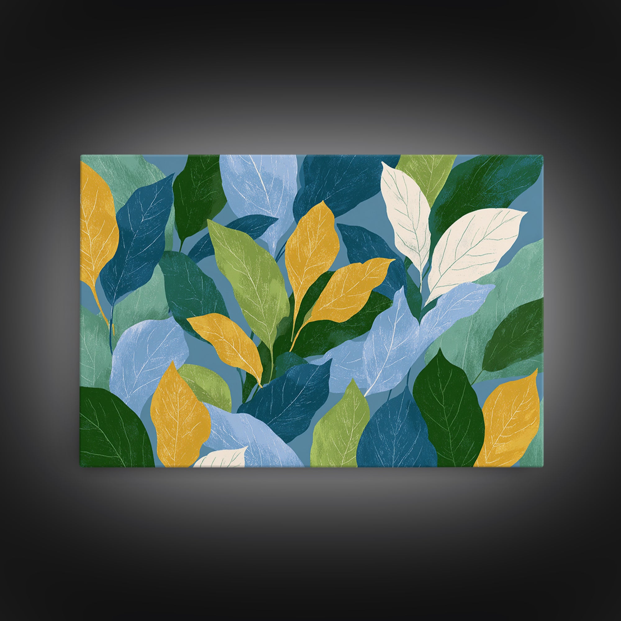 Layered Blue Green And Gold Leaves Wall Art, Botanical Midcentury Modern Art Print, Nature Decor For Bedroom Living Room