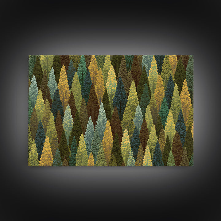 Textured Green Gold Forest Wall Art, Scandinavian Midcentury Modern Art Print, Nature Landscape Decor For Living Room Office