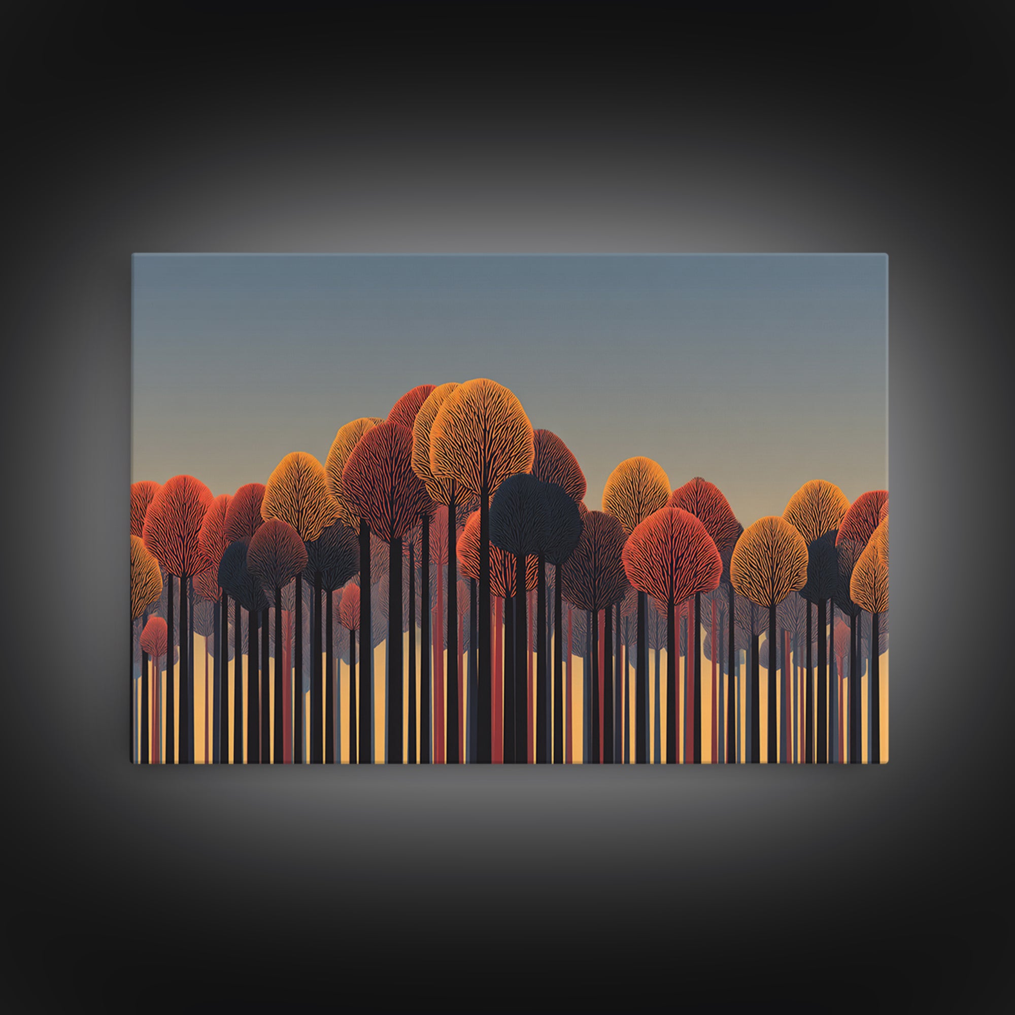 Autumn Orange Red Treeline Wall Art, Bold Midcentury Modern Canvas Print, Retro Forest Decor For Living Room Home Office