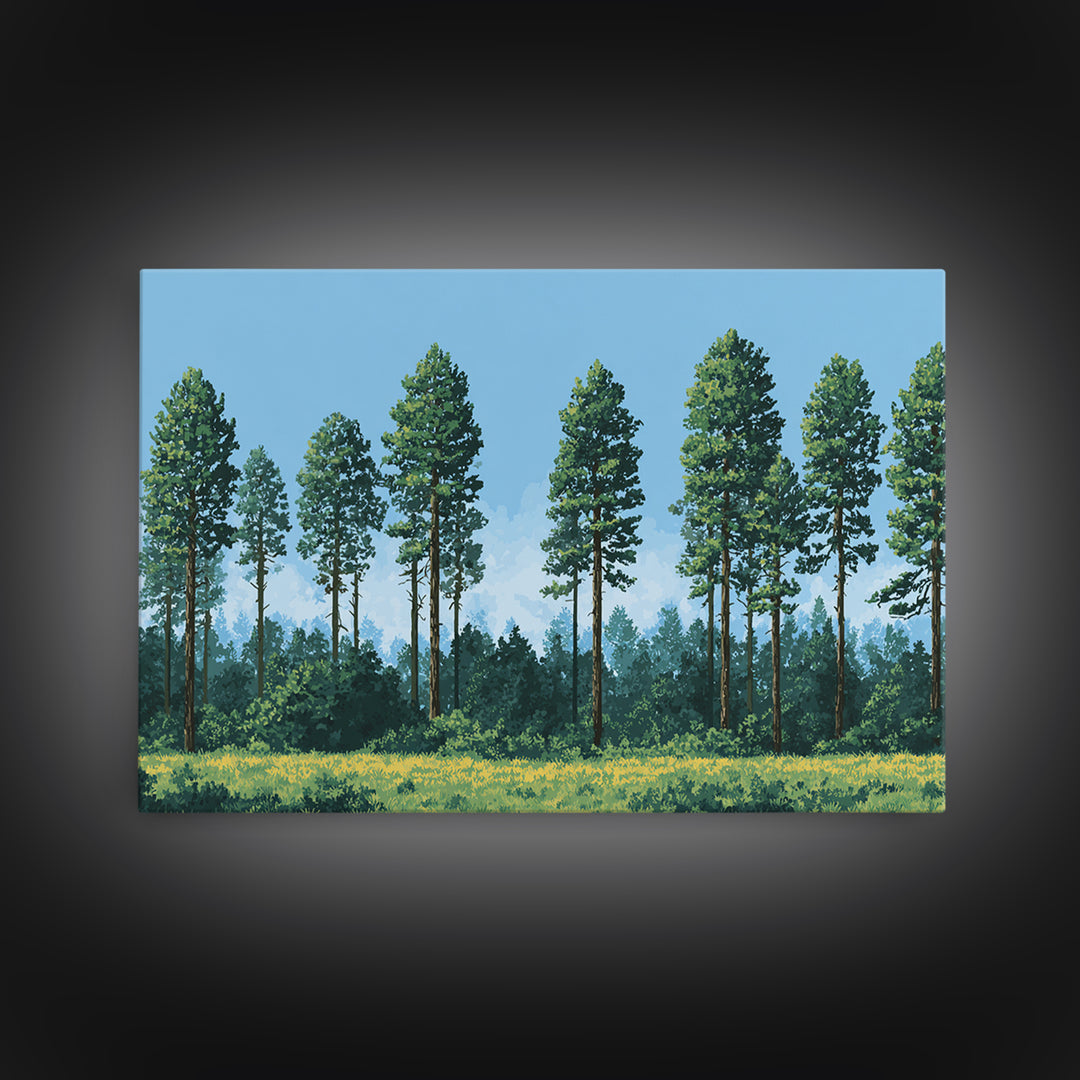 Tall Pine Forest Meadow Wall Art, Nature Landscape Canvas Print, Midcentury Modern Decor For Cabin Living Room Office Art