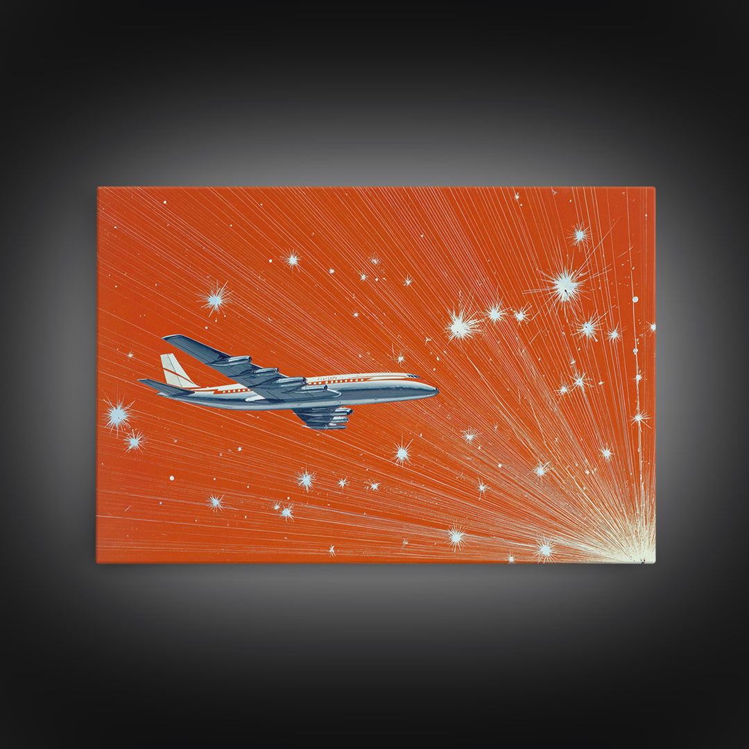 Orange Starburst Jet Canvas Print, Midcentury Modern Wall Art, Retro Aviation Poster, Bold Atomic Travel Decor Gift For Him