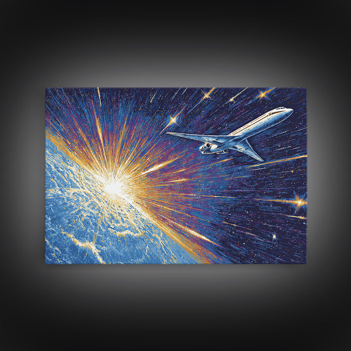 Space Age Jet Over Earth Wall Art, Midcentury Modern Poster, Retro Sci Fi Aviation Print, Blue Atomic Home Decor Gift For Him