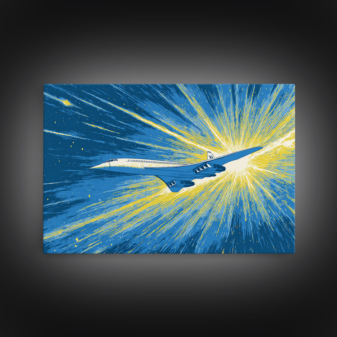 Supersonic Jet Burst Framed Canvas Print, Midcentury Modern Wall Art, Retro Sci Fi Poster, Blue Yellow Aviation Home Decor