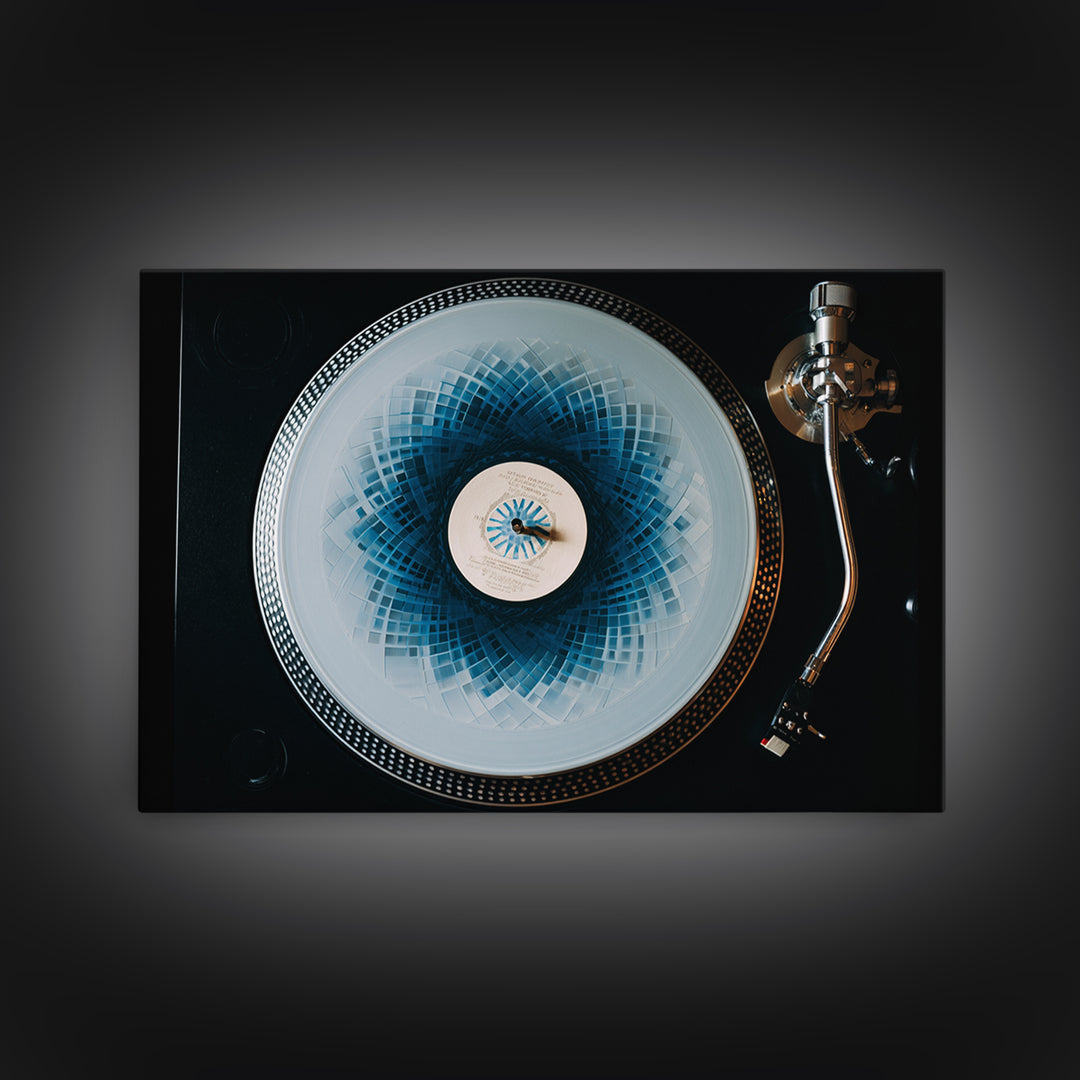 Blue Spirograph Vinyl Record Framed Canvas Print, Modern Music Wall Decor, Turntable Photography, Geometric MCM Art Print