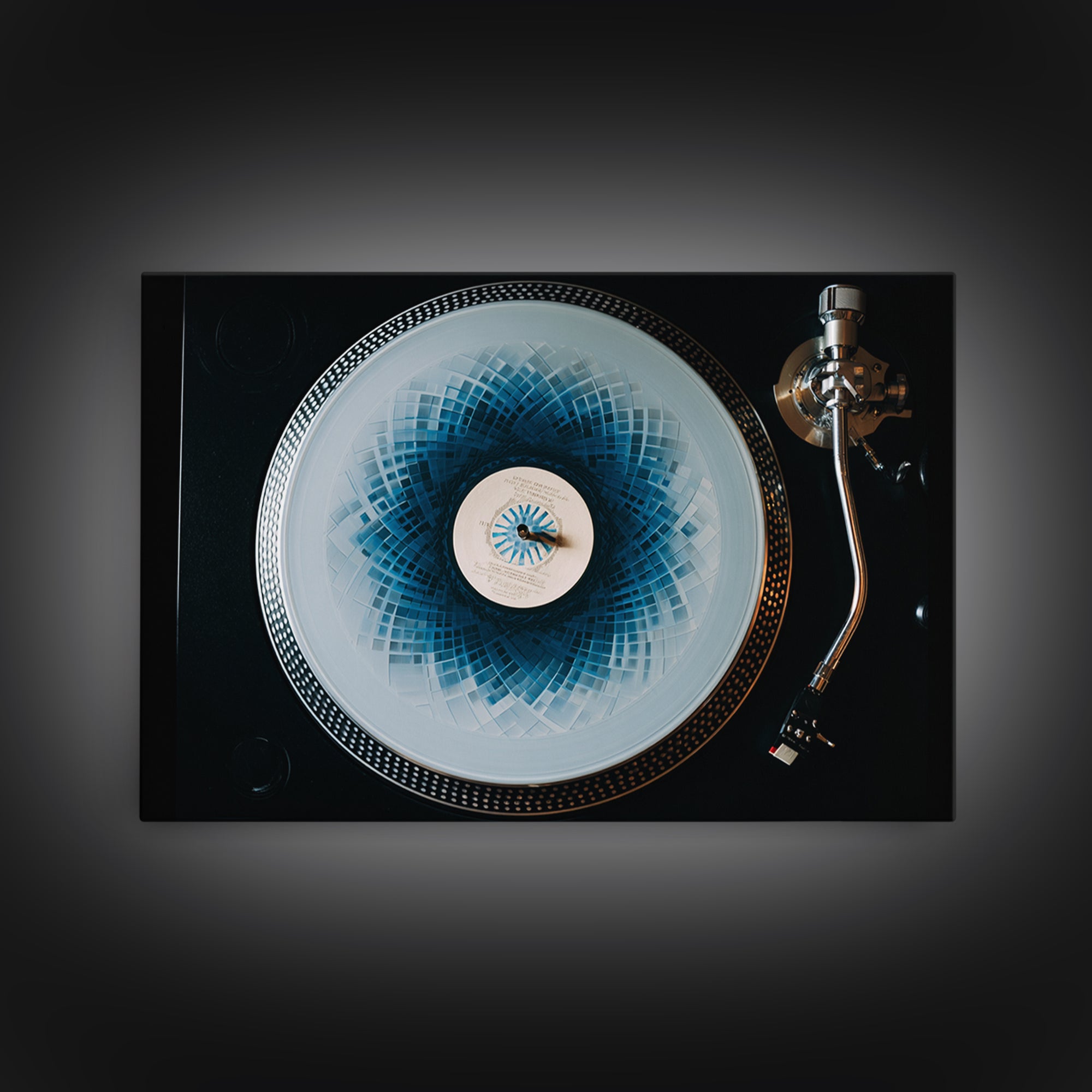 Blue Spirograph Vinyl Record Framed Canvas Print, Modern Music Wall Decor, Turntable Photography, Geometric MCM Art Print