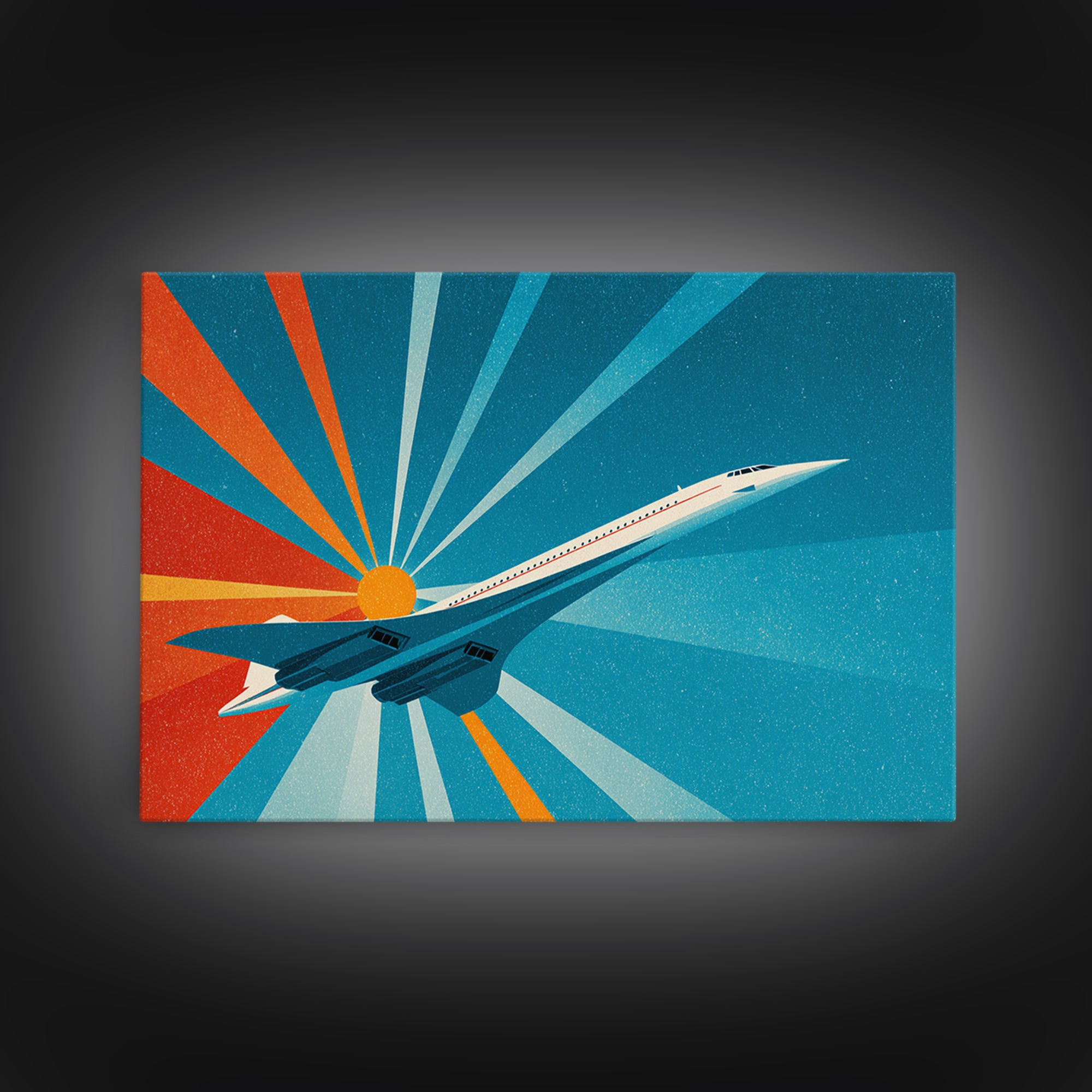 Retro Jet Sunrise Rays Canvas Print, Midcentury Modern Wall Art, Atomic Aviation Poster, Teal Orange Travel Decor Gift For Him