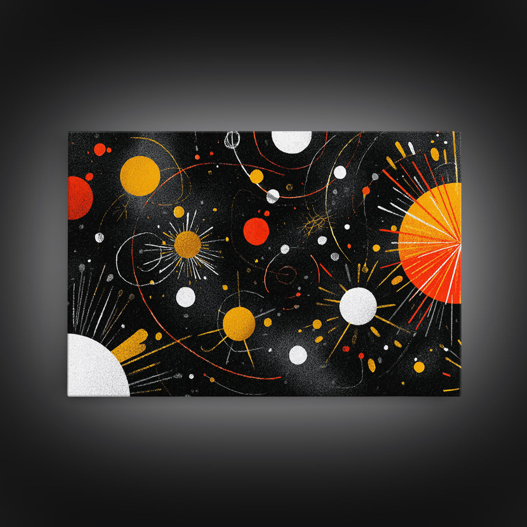 Atomic Black Cosmic Orbits With Red And Gold Suns Wall Art, Mid Century Modern Space Abstract Print, Retro MCM Wall Decor