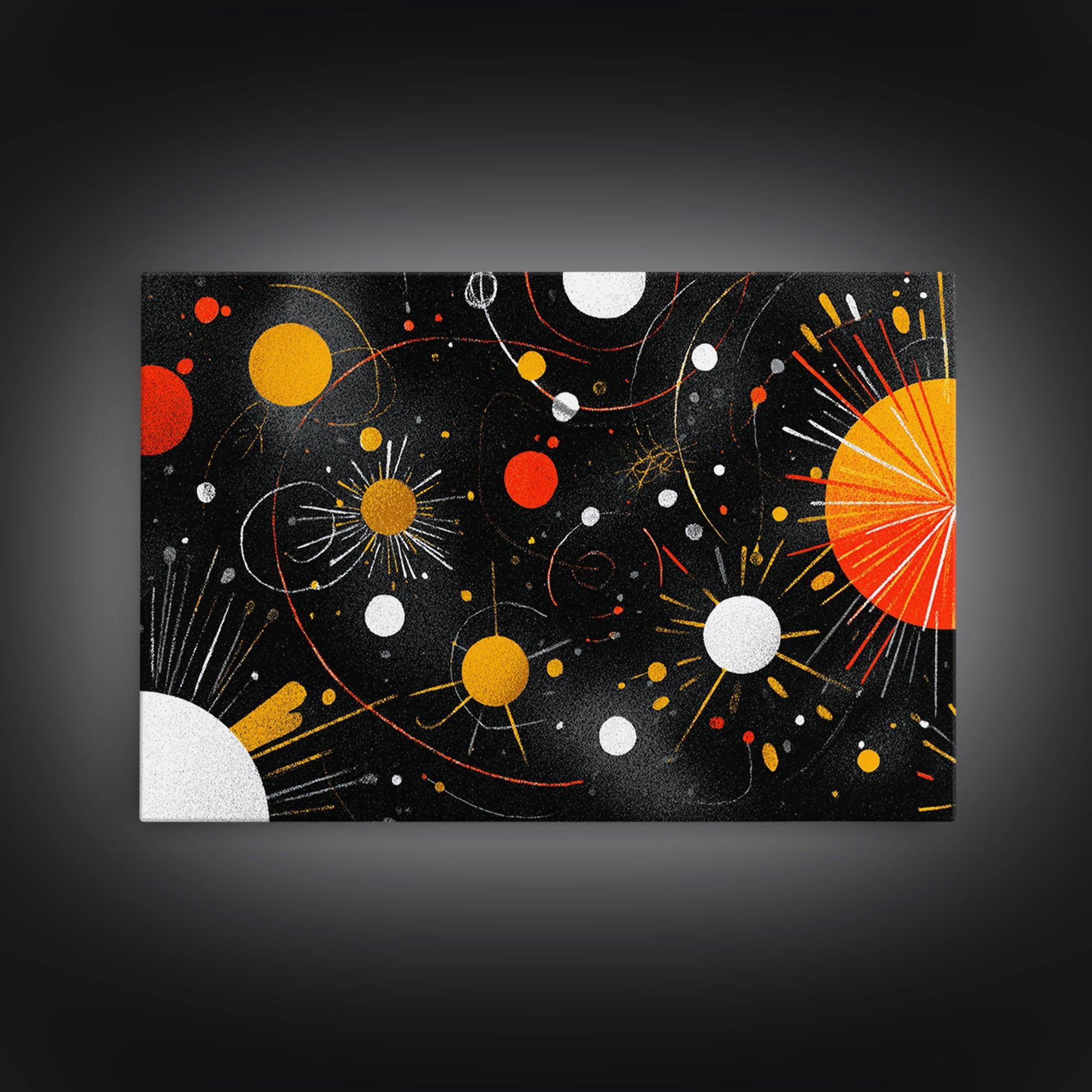 Atomic Black Cosmic Orbits With Red And Gold Suns Wall Art, Mid Century Modern Space Abstract Print, Retro MCM Wall Decor