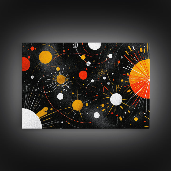 Atomic Black Cosmic Orbits With Red And Gold Suns Wall Art, Mid Century Modern Space Abstract Print, Retro MCM Wall Decor