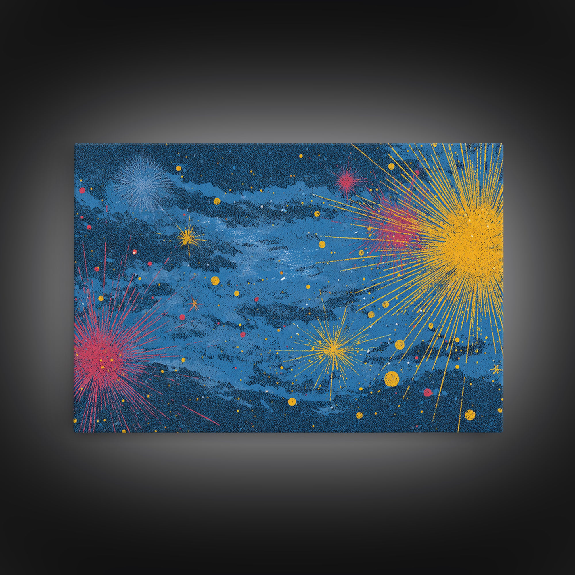 Blue Nebula Sky With Yellow Pink Starbursts Canvas Print, Mid Century Modern Space Abstract Art, Retro Colorful Wall Decor