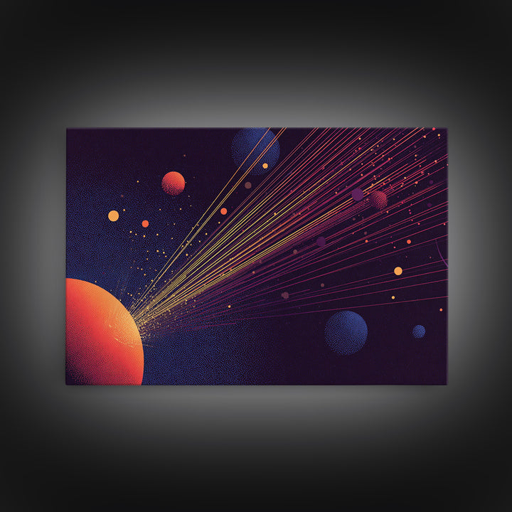 Orange Planet With Laser Orbit Lines Canvas Print, Mid Century Modern Space Poster, Retro Sci Fi Wall Art, MCM Room Decor