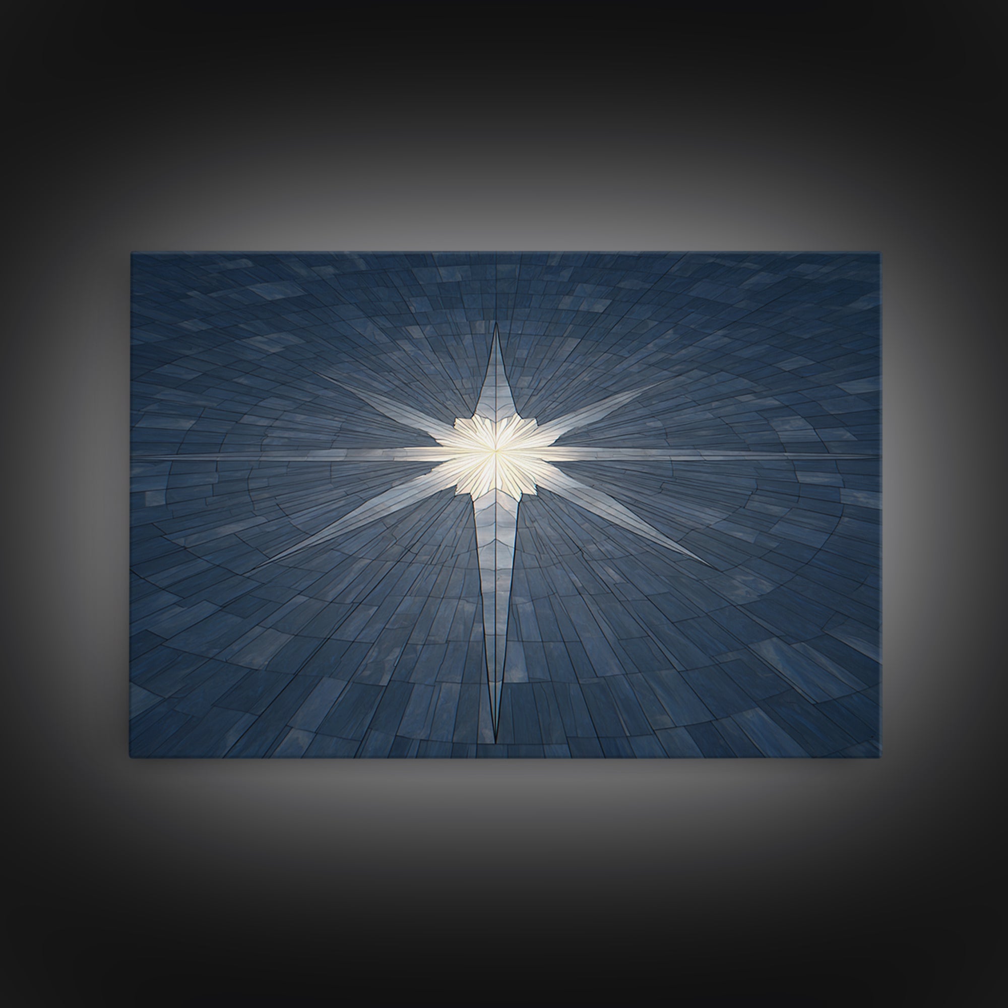 Glowing Star On Blue Geometric Tiles Canvas Print, Modern Wall Art, Abstract Architectural Decor, Minimalist MCM Poster Print