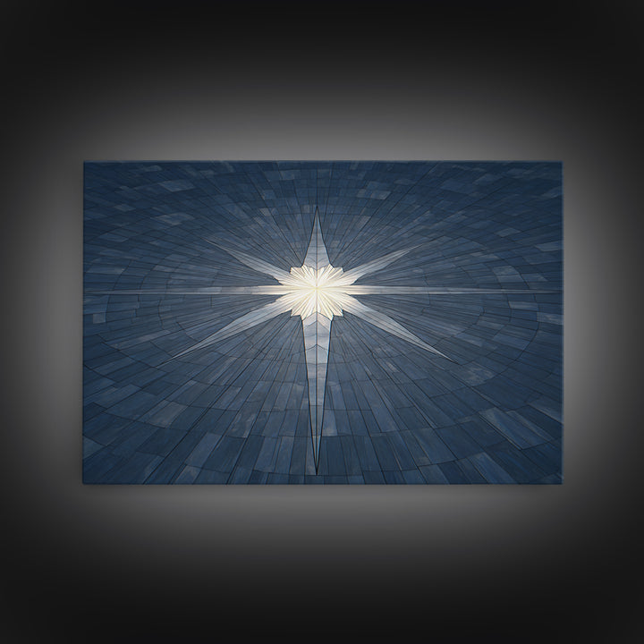 Glowing Star On Blue Geometric Tiles Canvas Print, Modern Wall Art, Abstract Architectural Decor, Minimalist MCM Poster Print