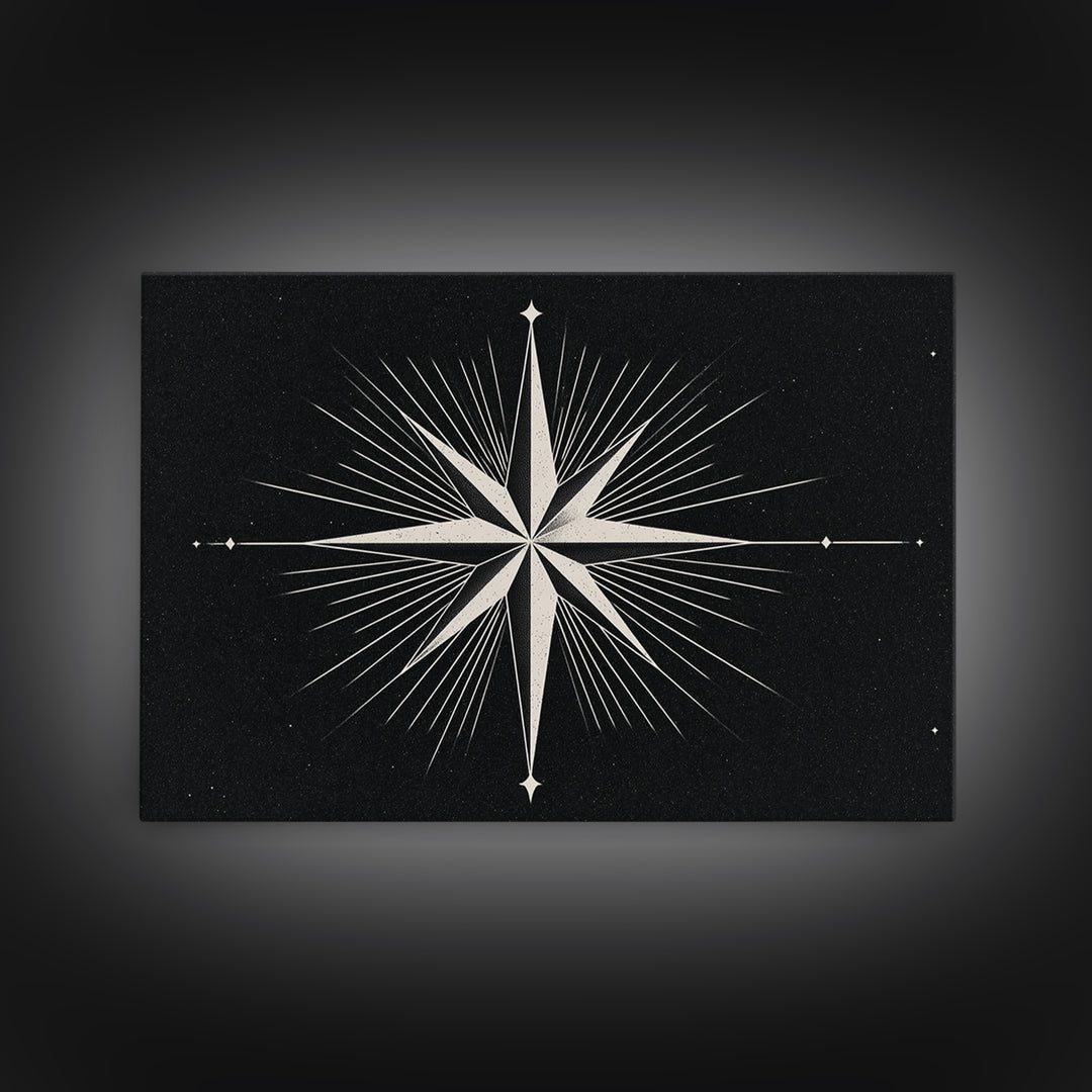 White Compass Star On Black Speckled Sky Wall Art, Mid Century Modern Abstract Print, Minimalist Retro Geometric Wall Decor
