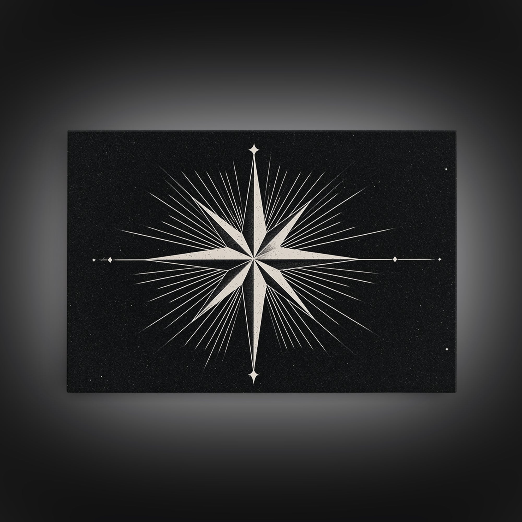 White Compass Star On Black Speckled Sky Wall Art, Mid Century Modern Abstract Print, Minimalist Retro Geometric Wall Decor