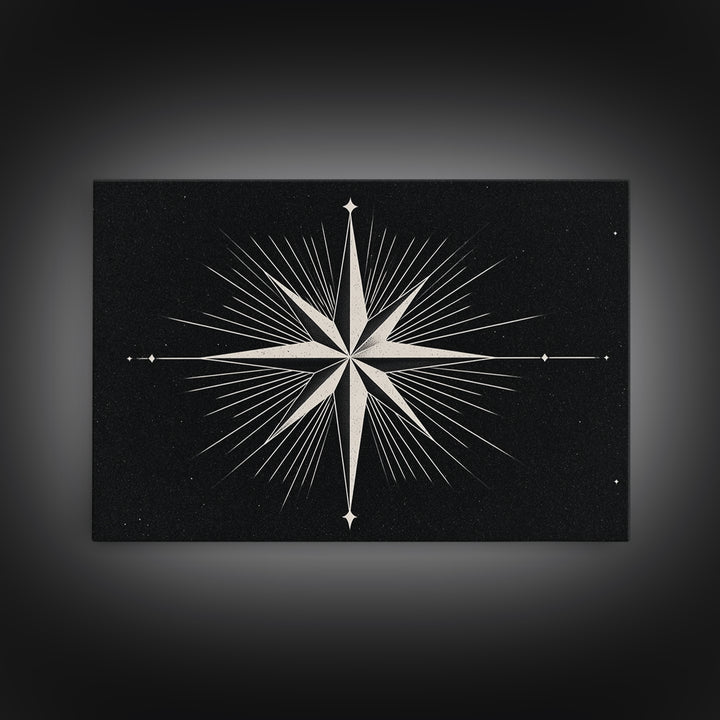 White Compass Star On Black Speckled Sky Wall Art, Mid Century Modern Abstract Print, Minimalist Retro Geometric Wall Decor