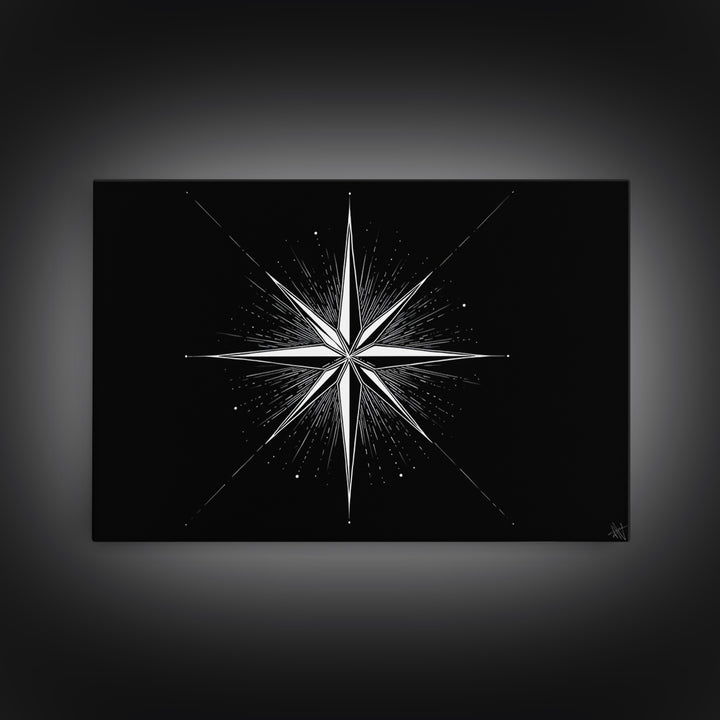 Sharp White Starburst On Deep Black Canvas Print, Minimalist Geometric Wall Art, Modern Abstract Poster, Retro MCM Decor