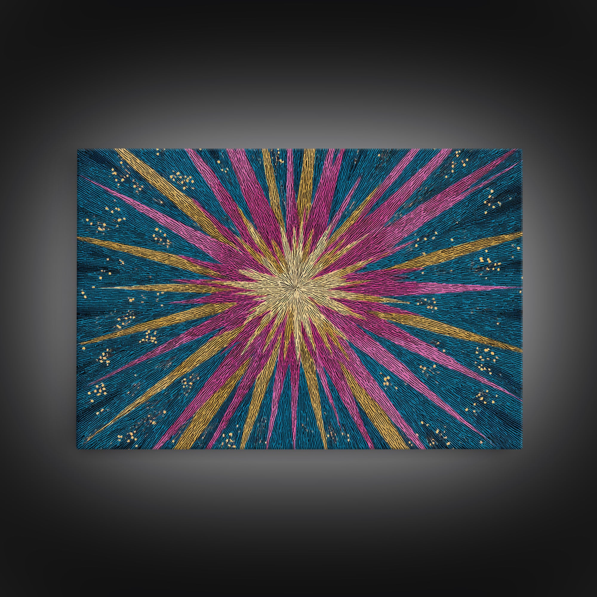 Teal Pink Gold Radiating Star Lines Framed Canvas Print, Modern Abstract Wall Art, Colorful Mid Century Modern MCM Decor Poster