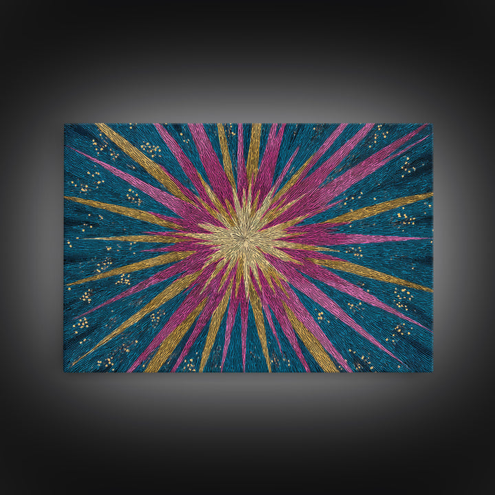 Teal Pink Gold Radiating Star Lines Framed Canvas Print, Modern Abstract Wall Art, Colorful Mid Century Modern MCM Decor Poster