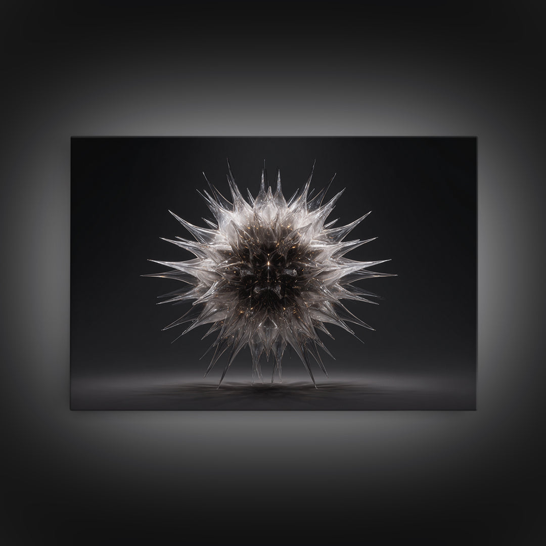 Silver Thorn Sphere Framed Canvas Print, Modern Abstract Art, Black Wall Decor, Sci Fi Sculpture Poster, Masculine Home Office Art