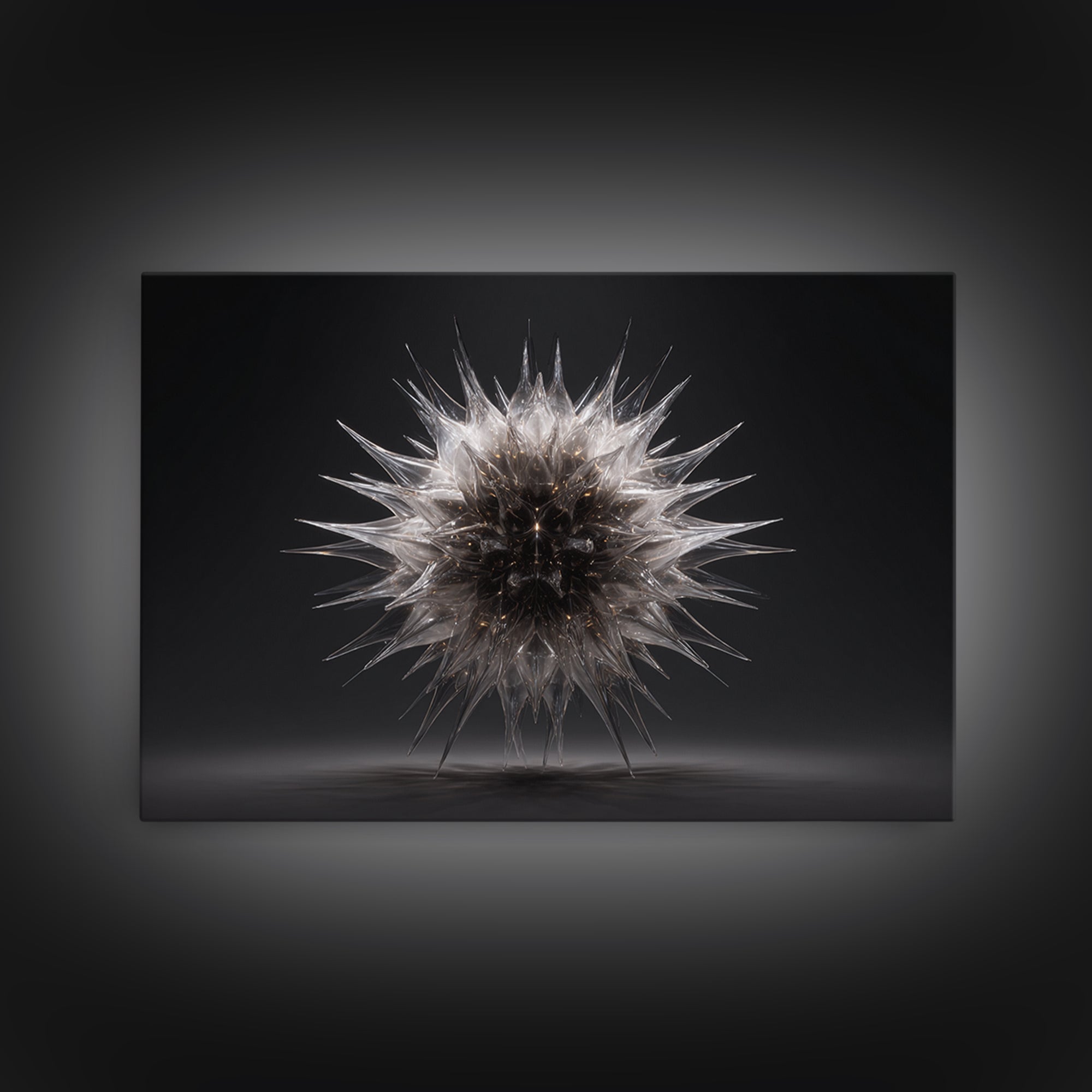 Silver Thorn Sphere Framed Canvas Print, Modern Abstract Art, Black Wall Decor, Sci Fi Sculpture Poster, Masculine Home Office Art