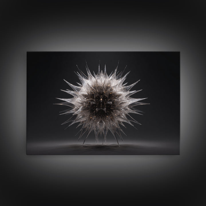 Silver Thorn Sphere Framed Canvas Print, Modern Abstract Art, Black Wall Decor, Sci Fi Sculpture Poster, Masculine Home Office Art