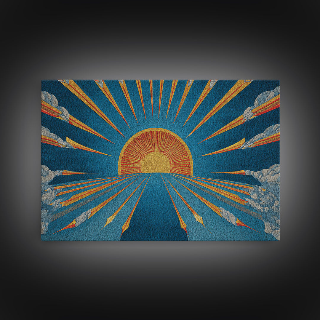 Embroidered Sunburst Canvas Print, Mid Century Modern Wall Art, Retro Sun Poster, Teal Orange Textile Style Home Decor Print
