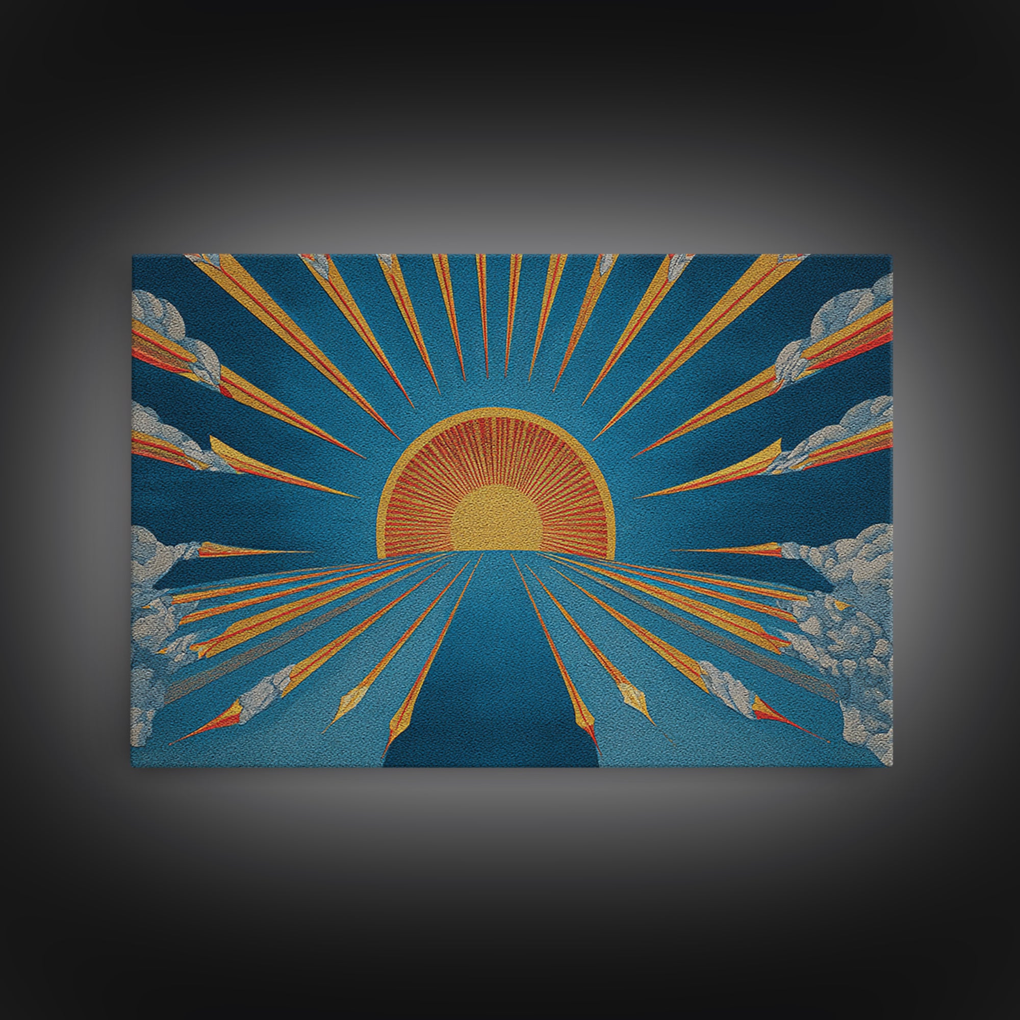 Embroidered Sunburst Canvas Print, Mid Century Modern Wall Art, Retro Sun Poster, Teal Orange Textile Style Home Decor Print