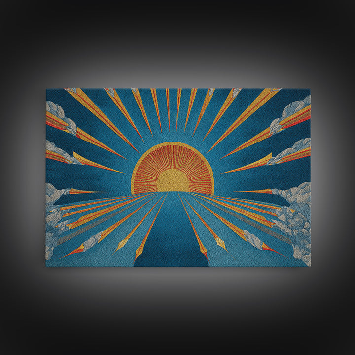 Embroidered Sunburst Canvas Print, Mid Century Modern Wall Art, Retro Sun Poster, Teal Orange Textile Style Home Decor Print