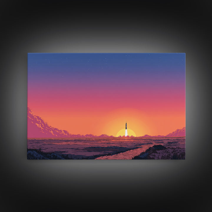 Rocket Sunset Landscape Wall Art, Retro Sci Fi Poster, Mid Century Modern Print, Orange Pink Desert Decor, Space Travel Art