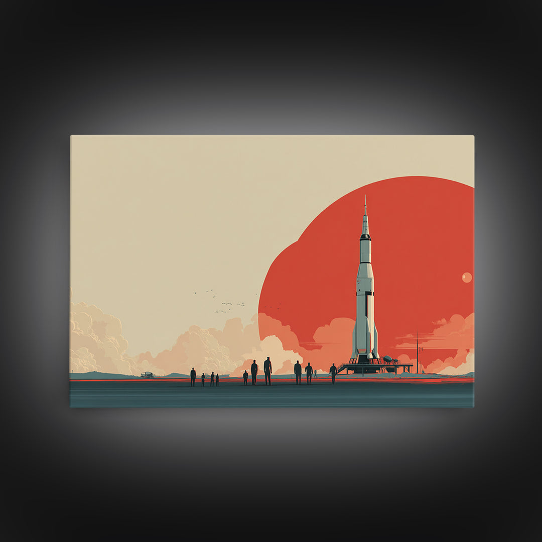 Minimal Rocket Red Sun Framed Canvas Print, Mid Century Modern Wall Art, Space Age Poster, Palm Springs Colors, Retro Decor