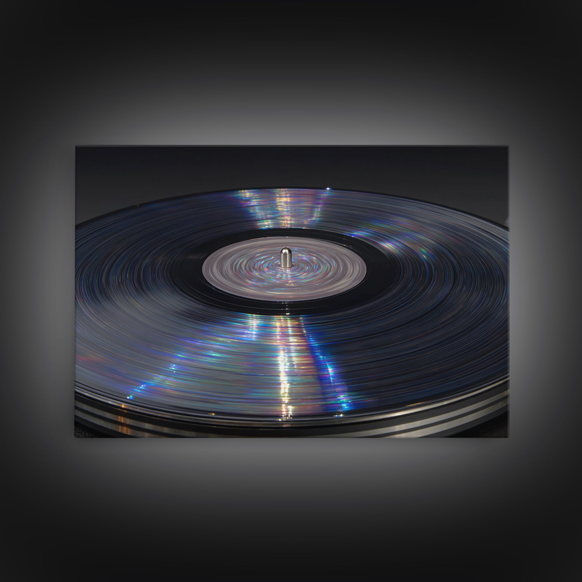 Iridescent Vinyl Record Macro Wall Art, Modern Music Photography Print, Retro Turntable Decor, Minimal Black Home Decor