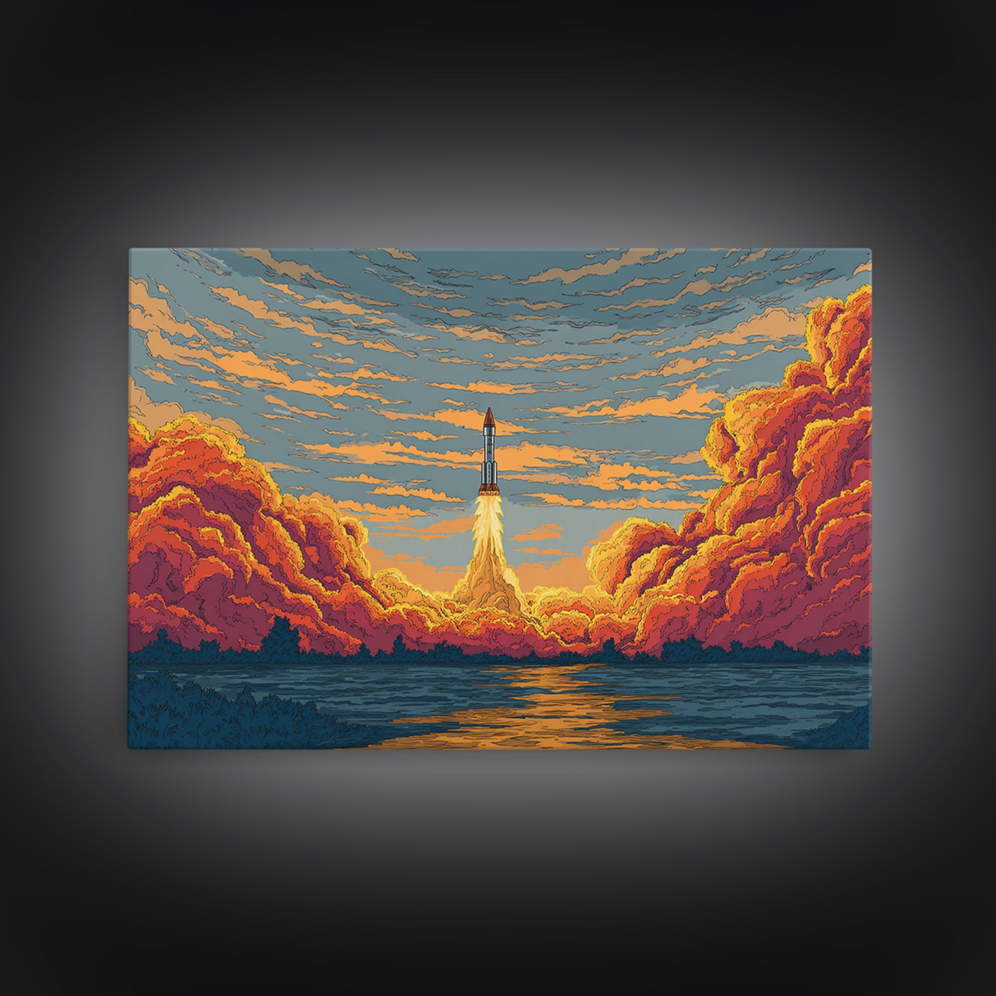 Rocket Launch Clouds Canvas Print, Retro Sci Fi Wall Art, Mid Century Modern Poster, Orange Blue Landscape Decor, Space Art Print