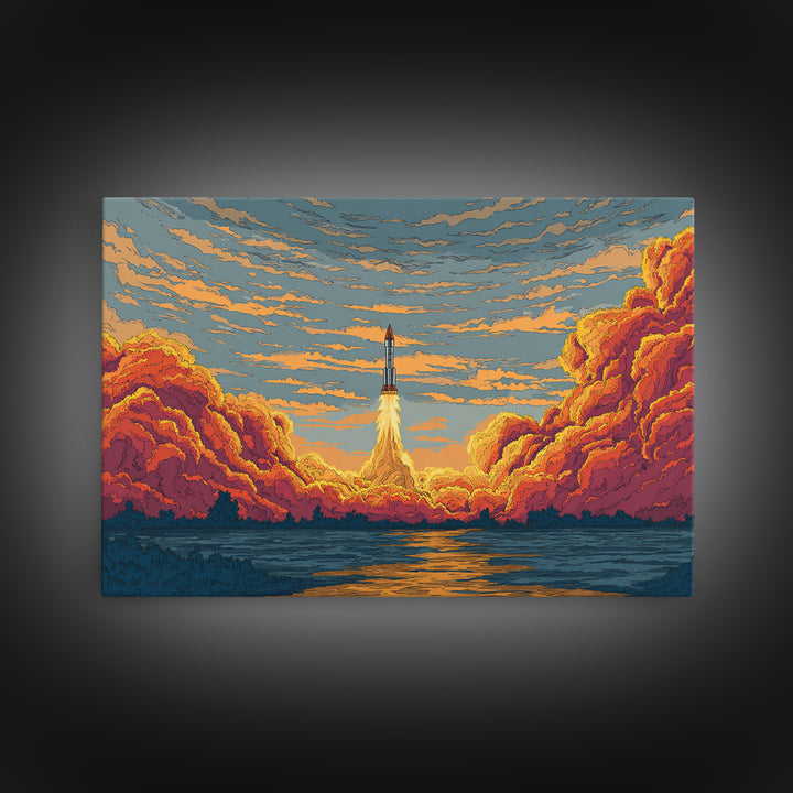 Rocket Launch Clouds Canvas Print, Retro Sci Fi Wall Art, Mid Century Modern Poster, Orange Blue Landscape Decor, Space Art Print
